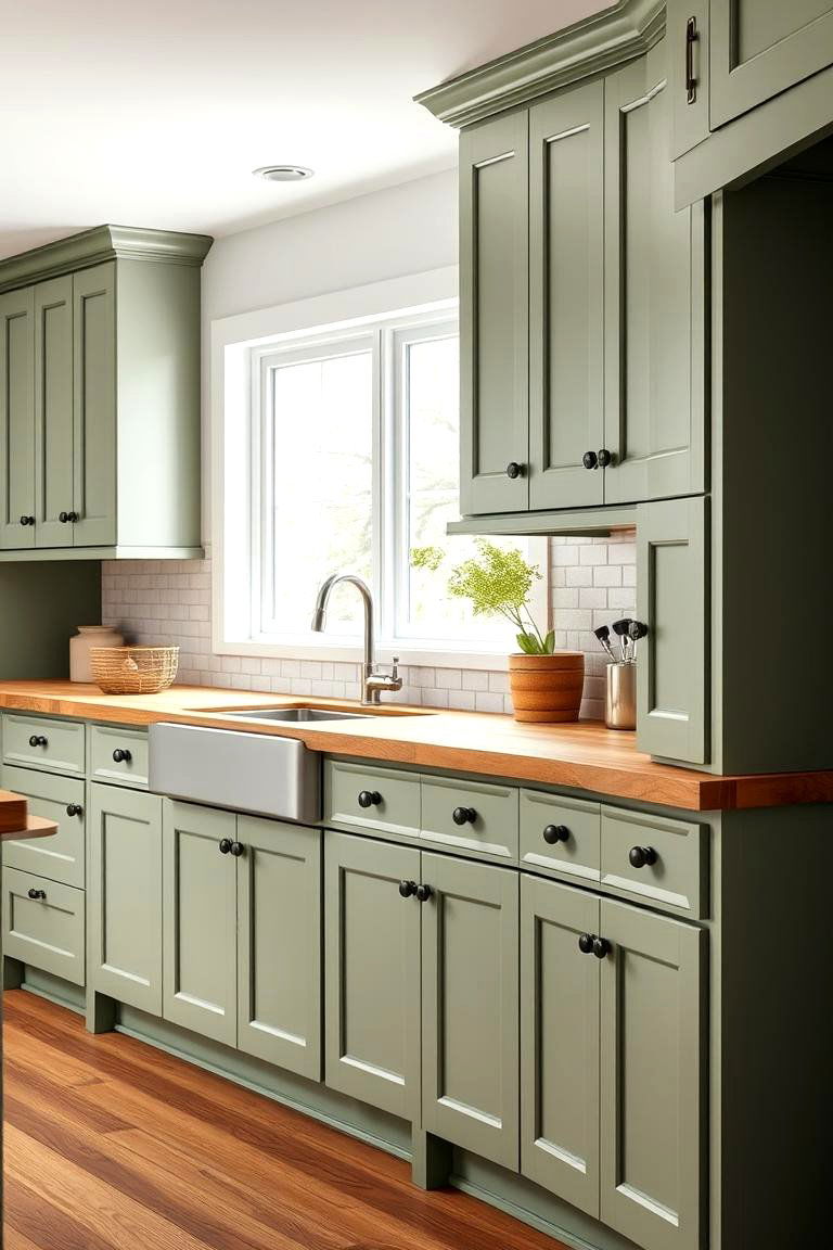 Sophisticated Color Coordination - 24 Sage Green Kitchen Cabinets With Butcher Block Countertops
