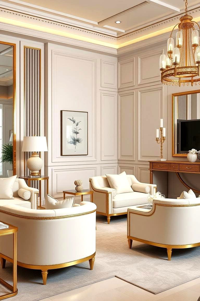 Sophisticated Cream Furnishings with Gold Trim - 24 Cream and Gold Living Room Ideas