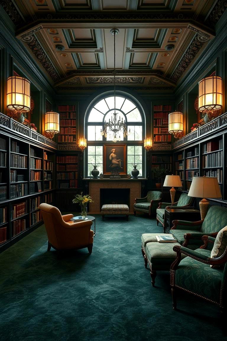 Sophisticated Dark Green Carpeting - 24 Dark Green Home Library Ideas and Inspiration