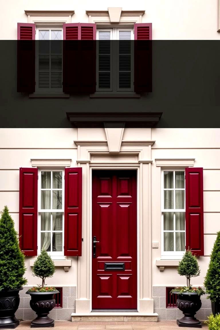 Sophisticated Dark Red Shutters - 24 Dark Red House Exterior Ideas