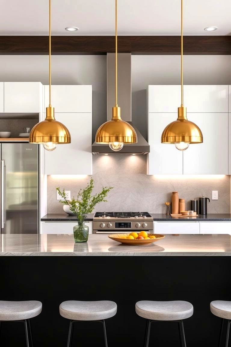 Sophisticated Gold Pendant Lights Over Black Island - 24 black white and gold kitchen ideas