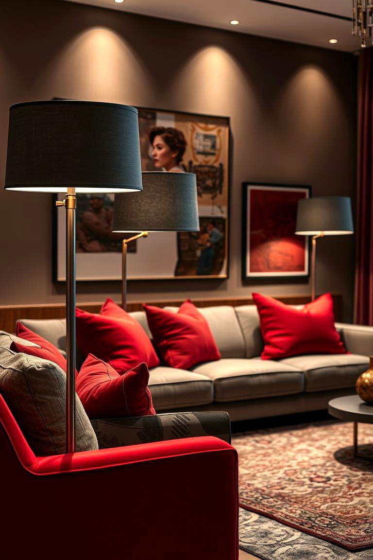 Sophisticated Grey Floor Lamp Accents - 24 Red and Grey Living Room Ideas