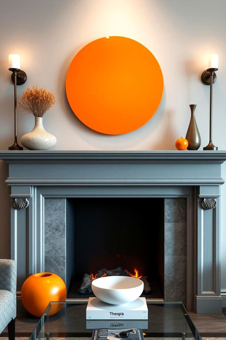 Sophisticated Orange Centerpiece on Grey Mantel - 24 Orange and Grey Living Room Ideas