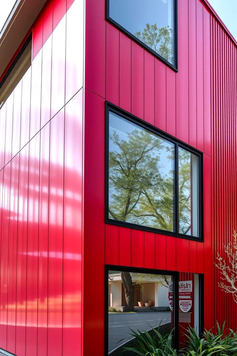 Sophisticated Red Metal Facade - 24 red home exterior ideas