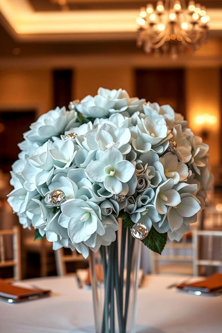 Sophisticated Silver Toned Hydrangea Centerpiece - 24 Hydrangea Centerpiece Ideas