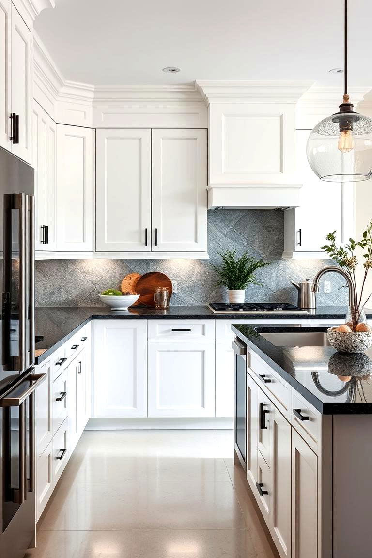 Sophisticated Texture Mix - 24 Kitchen With White Cabinets and Black Countertops Ideas