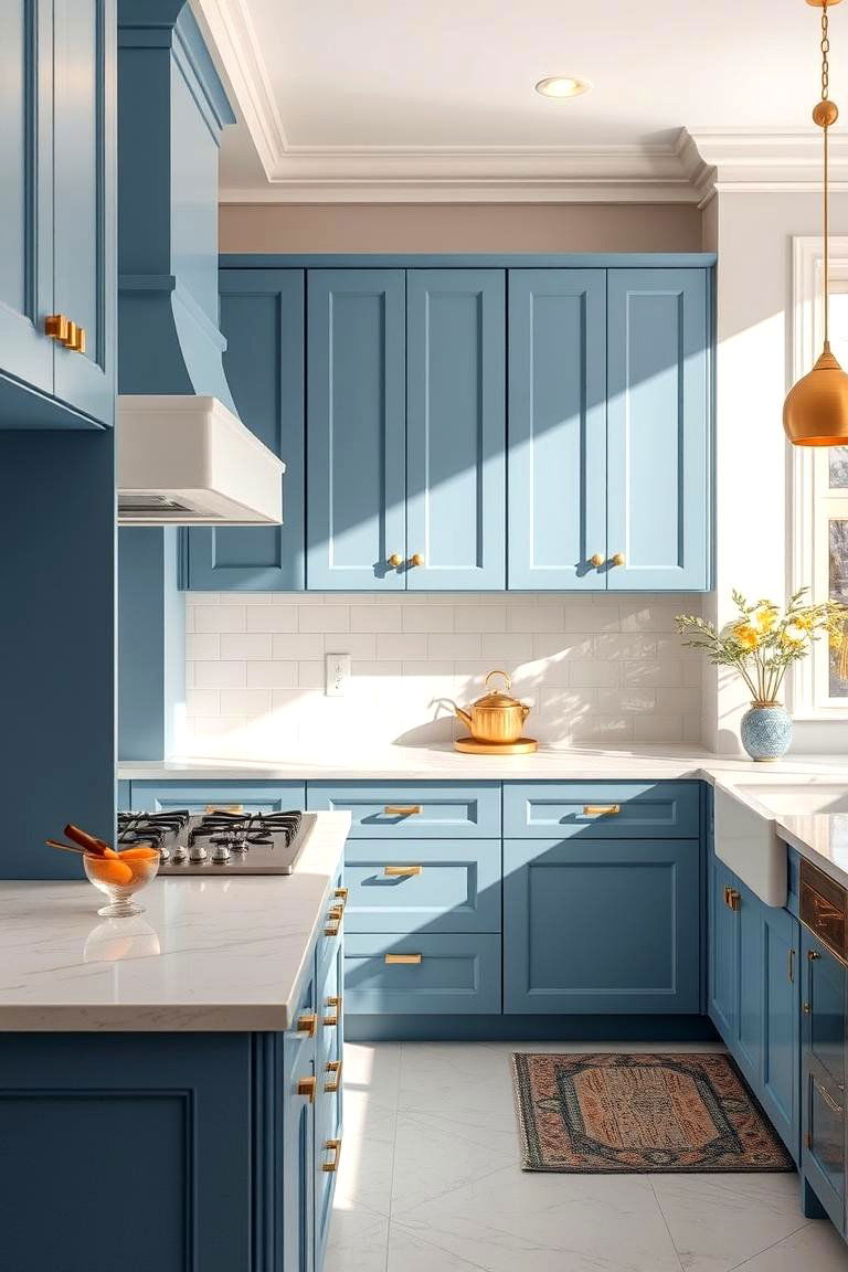 Sophisticated Urban Retreat - 24 blue kitchen cabinets with gold hardware