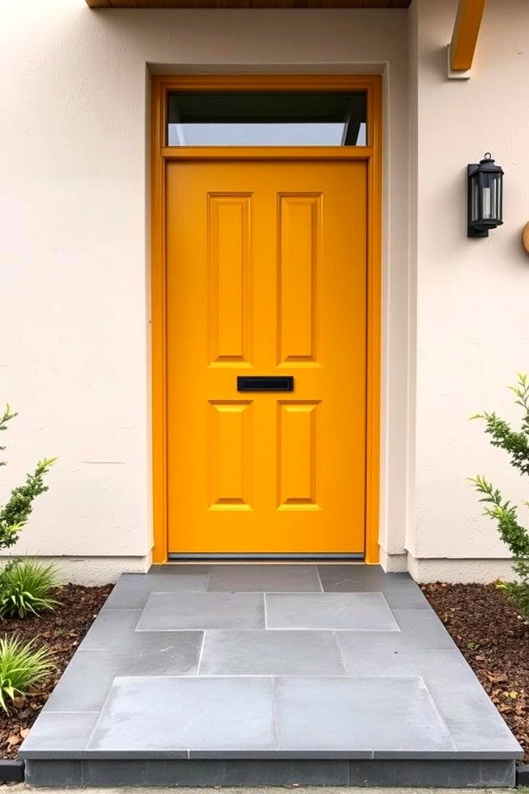 Sophisticated with Grey Slate Walkway - 24 Mustard Yellow Front Door Ideas