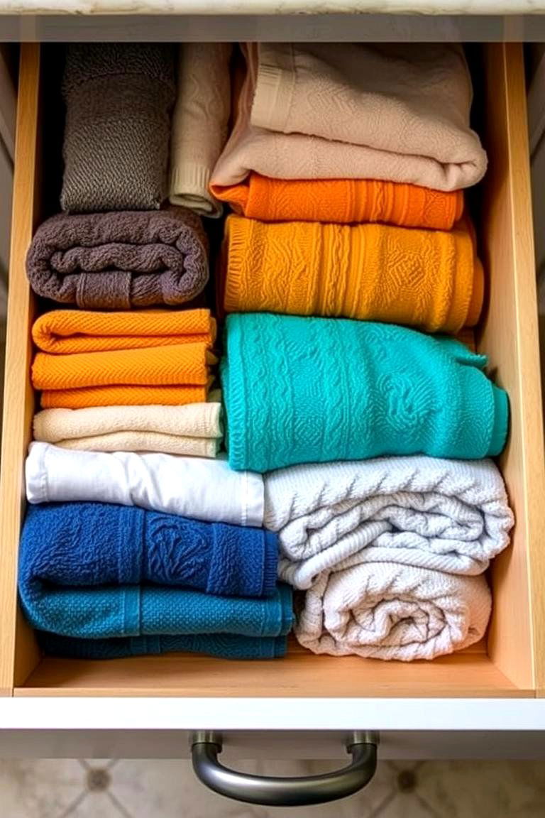 Sort Towels by Size and Color - 24 Bathroom Drawer Organization Ideas