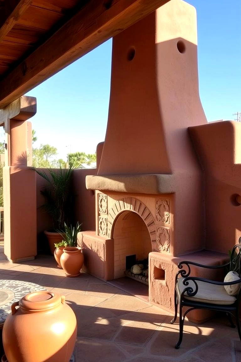 Southwestern Style Outdoor Fireplace with Adobe Accents - 24 Porch Fireplace Ideas