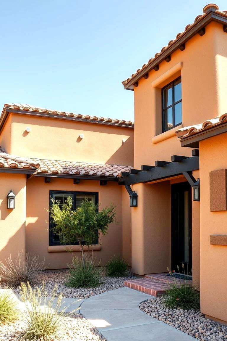 Southwestern Tan House with Striking Black Trim - 24 Tan House With Black Trim Design Ideas