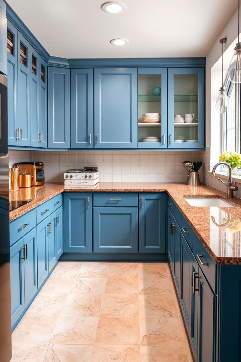 Space Efficiency and Organized Storage - 24 blue kitchen cabinets with brown granite countertops