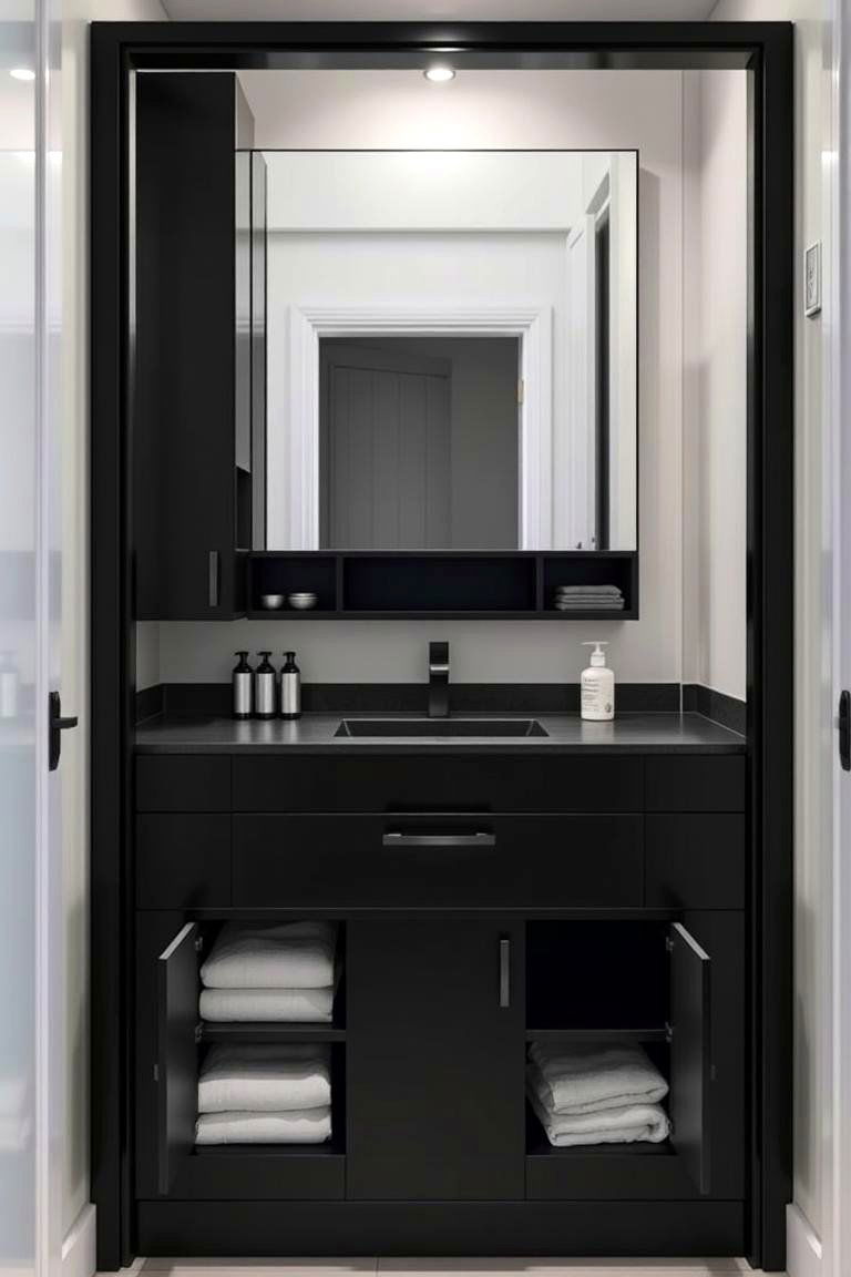 Space Saving Black Vanity Storage - 24 Black Bathroom Ideas