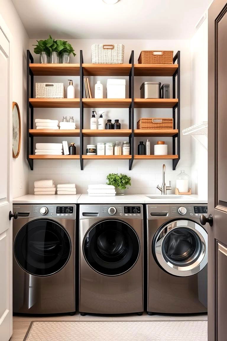 Space Saving Ladder Style Shelves - 24 Laundry Room Shelving Ideas