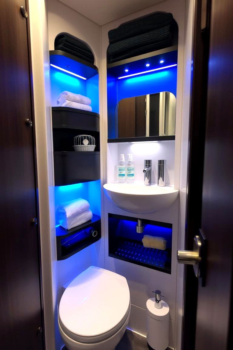 Space Saving with Integrated Shelving - 24 black and blue bathroom ideas