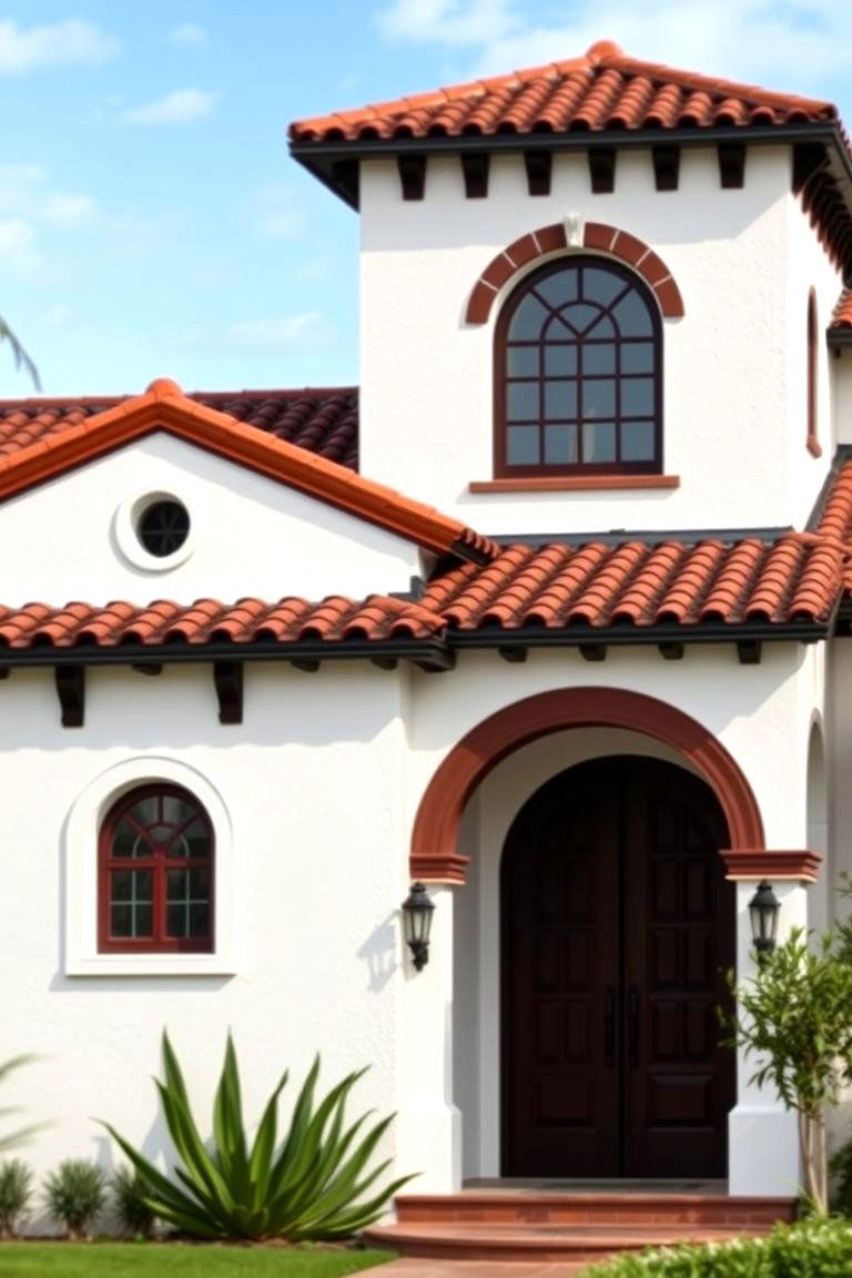 Spanish Revival with a Red Tile Accent - 24 White Exterior Home with a Black Roof Ideas