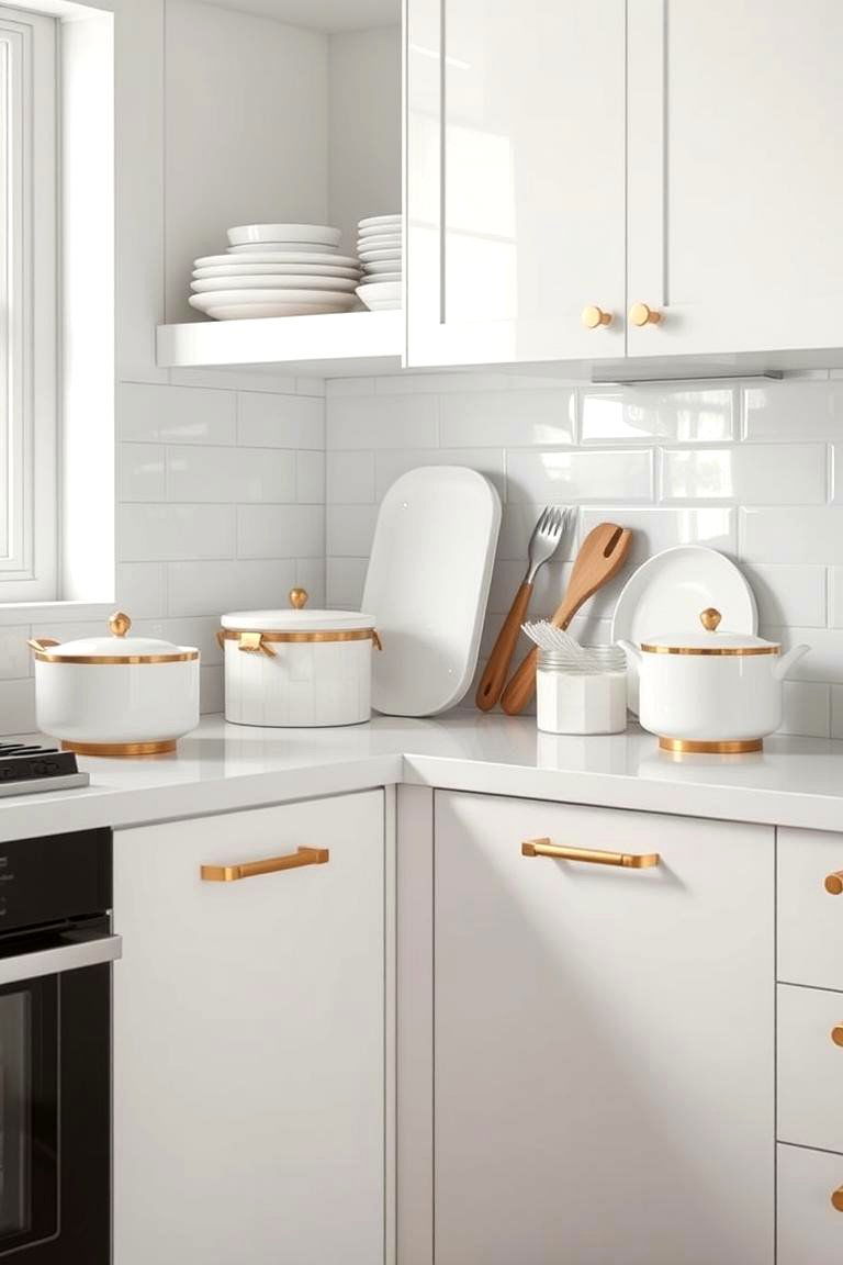 Sparkling White Kitchenware with Gold Finishes - 24 White and Gold Kitchen Ideas