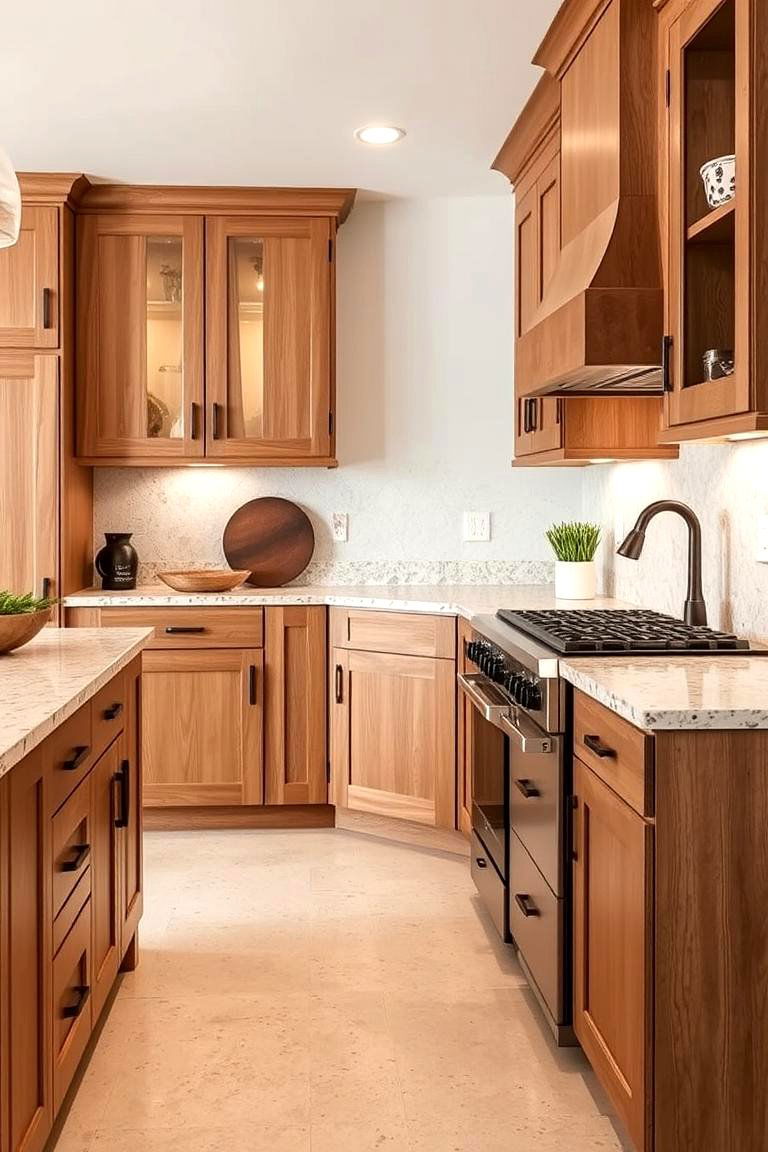 Speckled Beige Quartz - 24 what color countertops go with oak cabinets