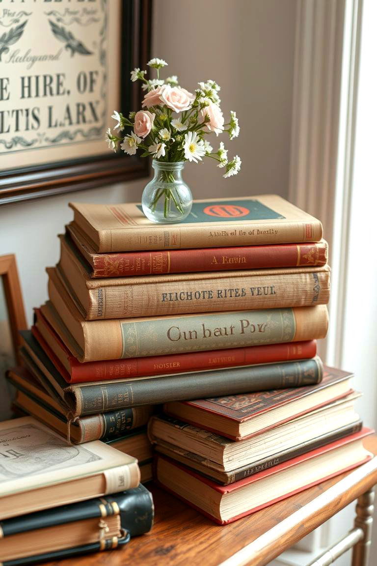 Stack of Vintage Books with Floral Accent - 24 Dining Table Centerpiece Ideas