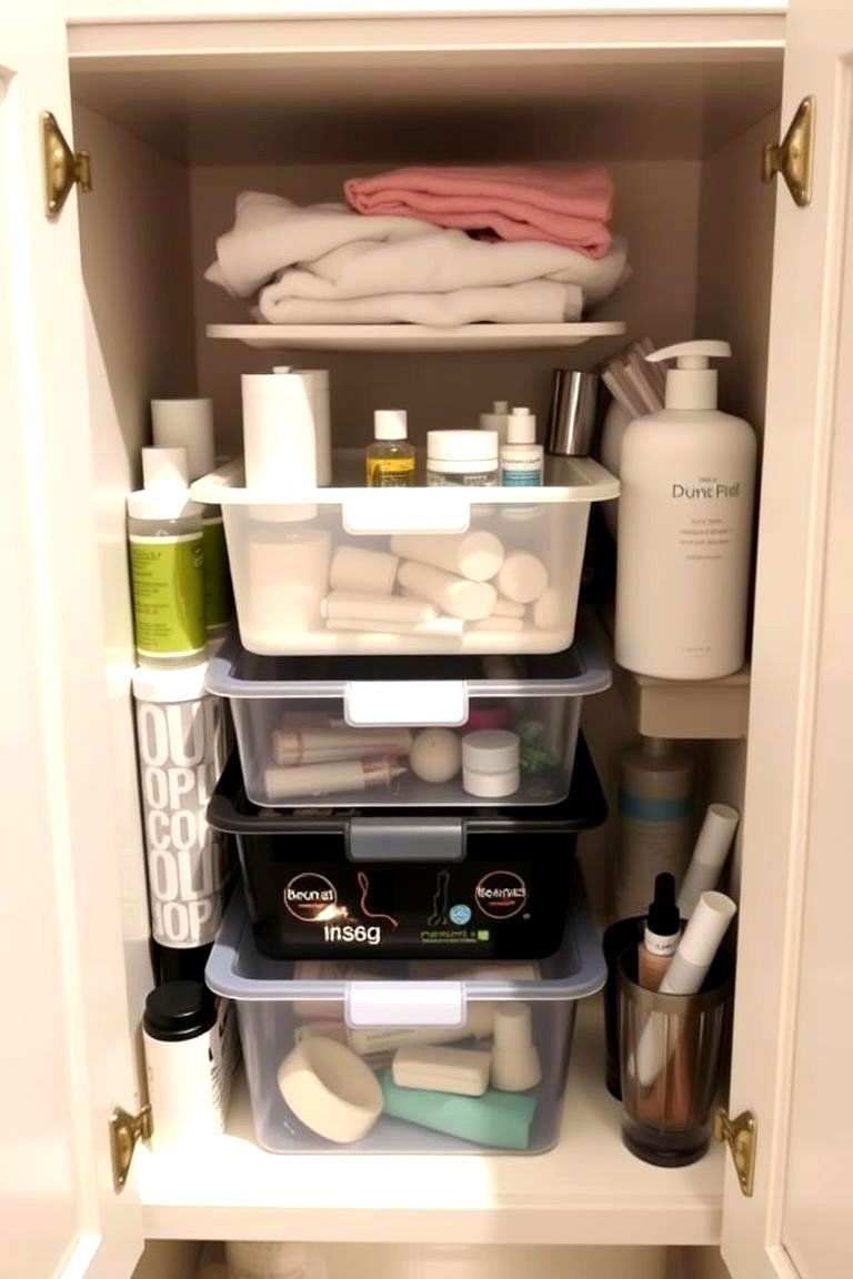 Stackable Bins for Easy Organization - 24 Bathroom Cabinet Organizing Ideas