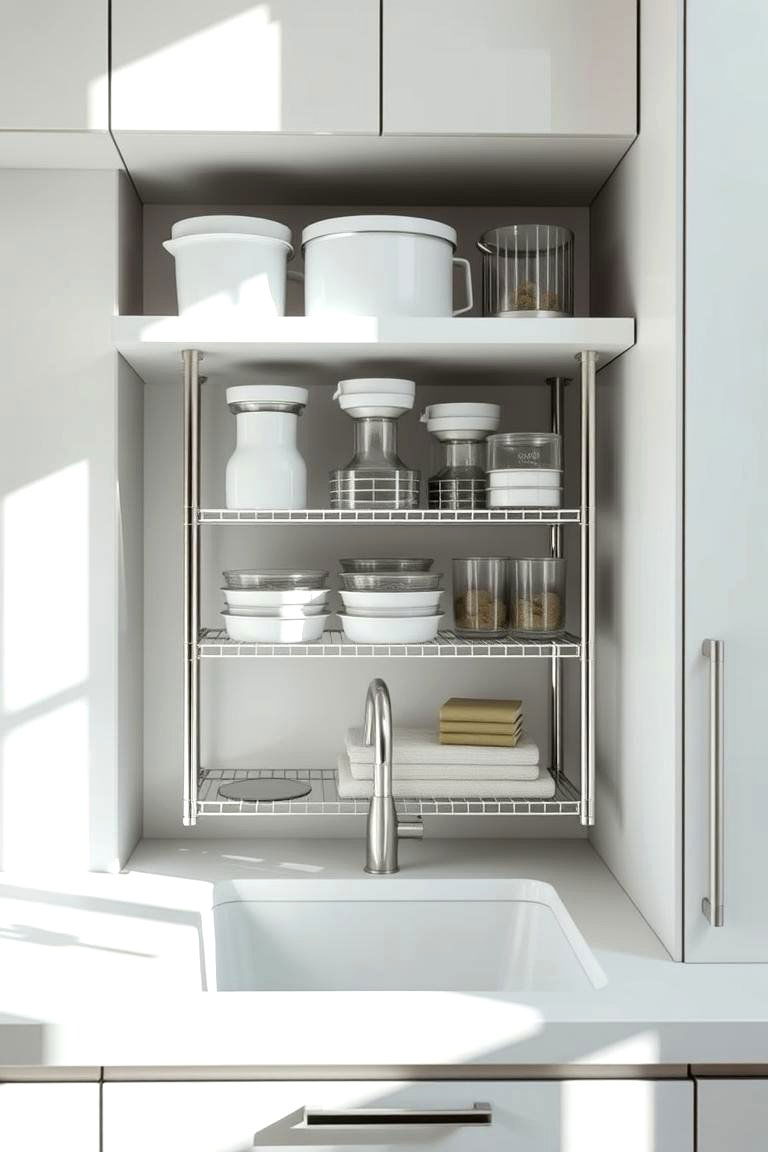 Stackable Shelf System Under Sink - 24 Kitchen Sink Organization Ideas