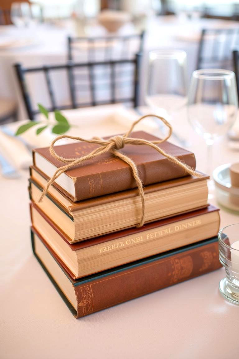 Stacked Book Decor - 24 Rehearsal Dinner Centerpiece Ideas