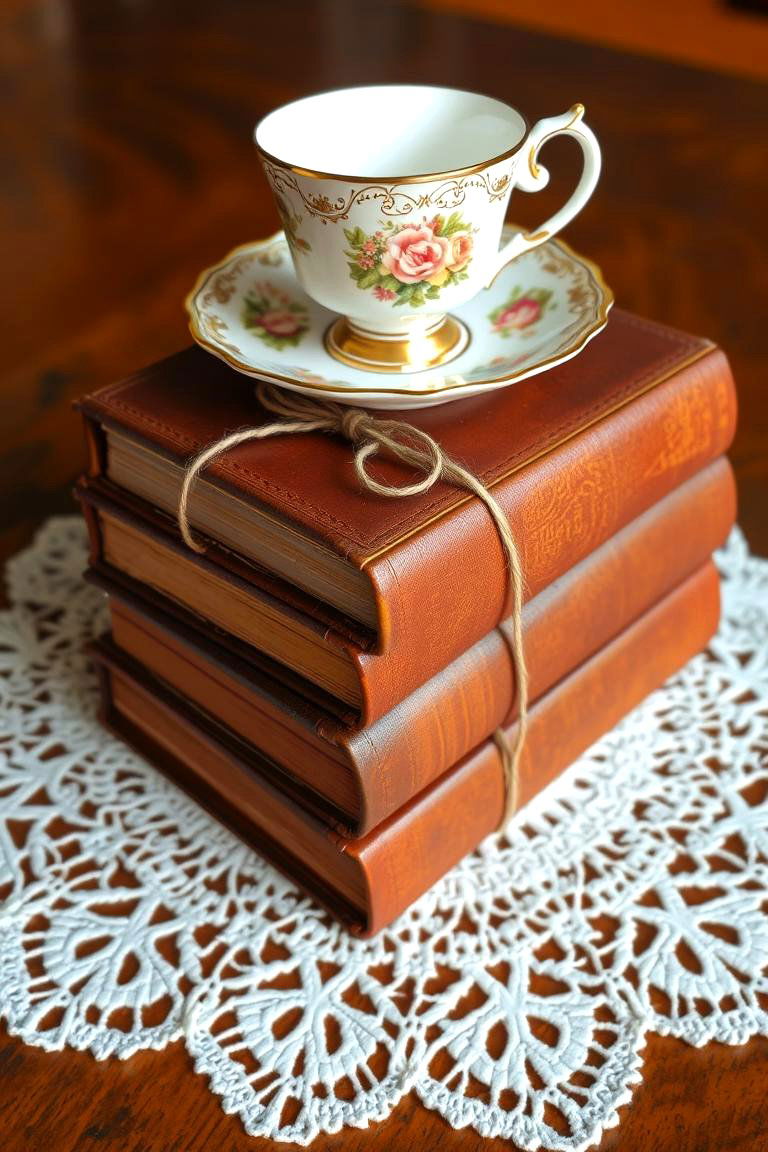 Stacked Books with Vintage Charm - 24 non-floral wedding centerpiece ideas