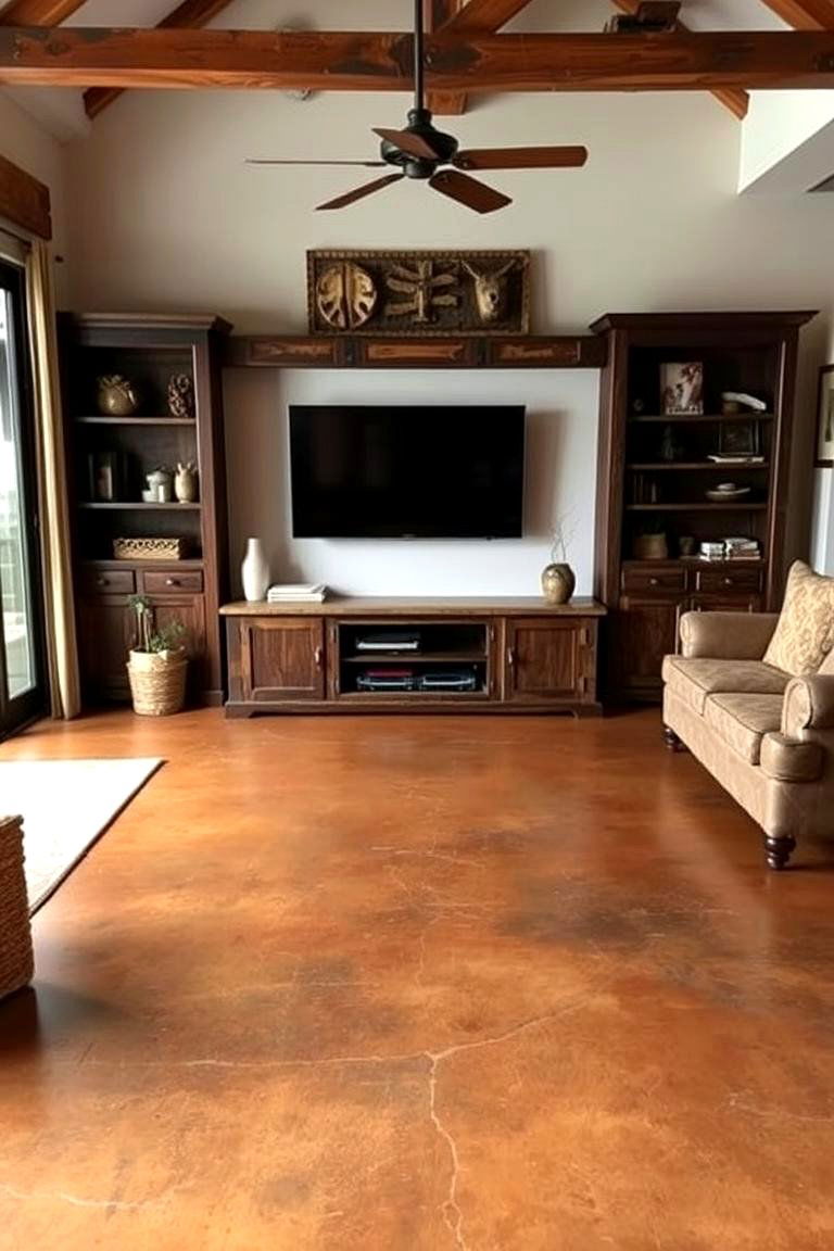 Stained Earth Tones - 24 Rustic Concrete Floor Living Room Ideas