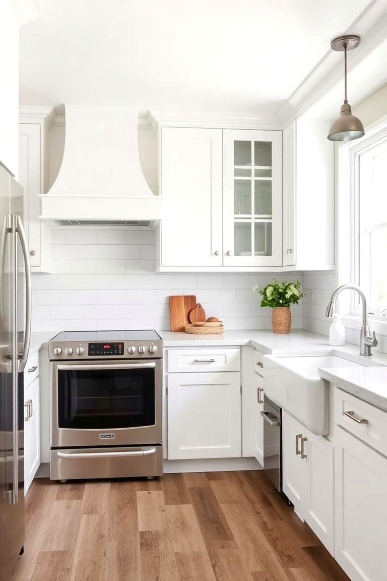 Stainless Steel Appliances Paired with White Farmhouse Sink - 24 White Kitchen with Stainless Steel Appliances Ideas