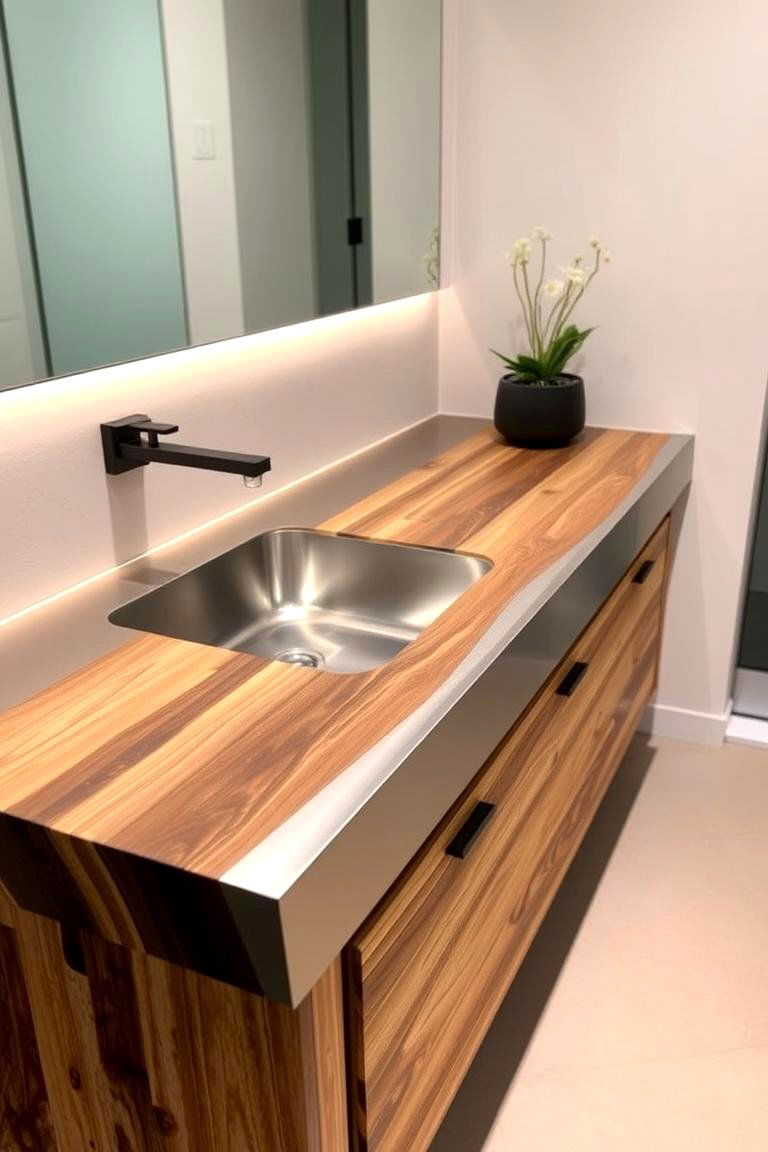 Stainless Steel and Wood Combo - 24 Bathroom Countertop Ideas