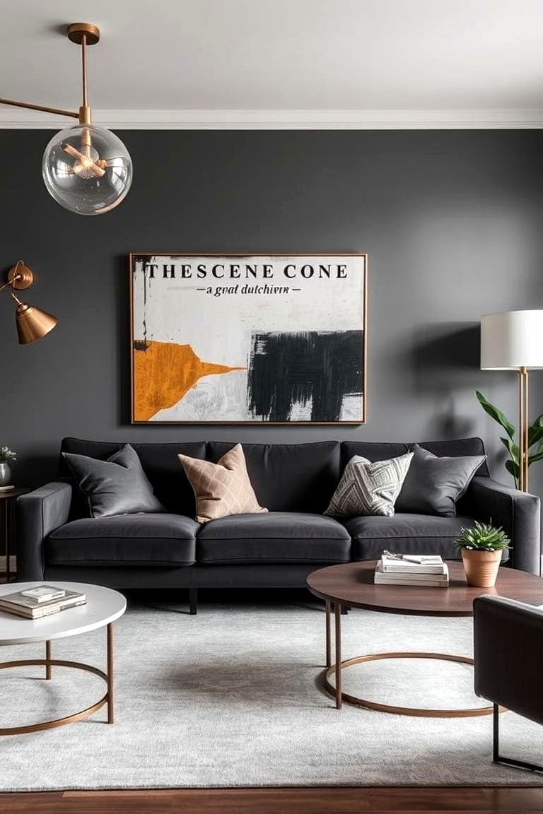 Statement Art and Bold Accessories - 24 dark grey couch living room ideas