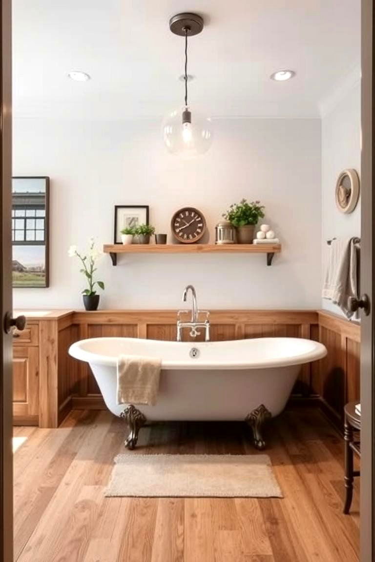 Statement Bathtubs with Wooden Accents - 24 Modern Farmhouse Bathroom Ideas