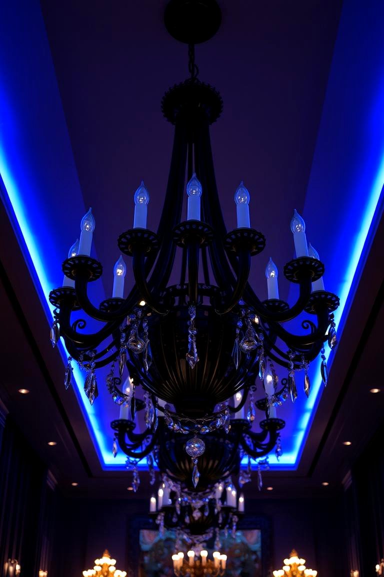 Statement Black Chandelier with Blue Highlights - 24 Black and Blue Living Room Ideas