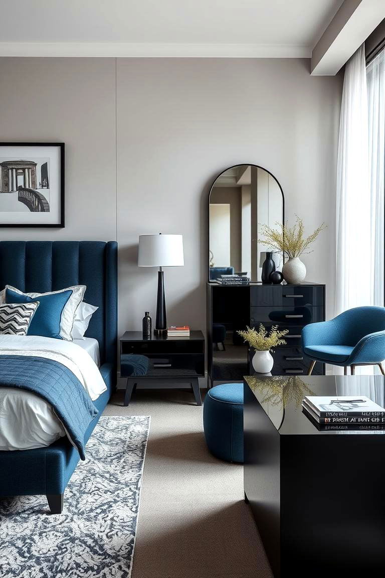 Statement Black Furniture with Blue Upholstery - 24 Black and Blue Bedroom Ideas