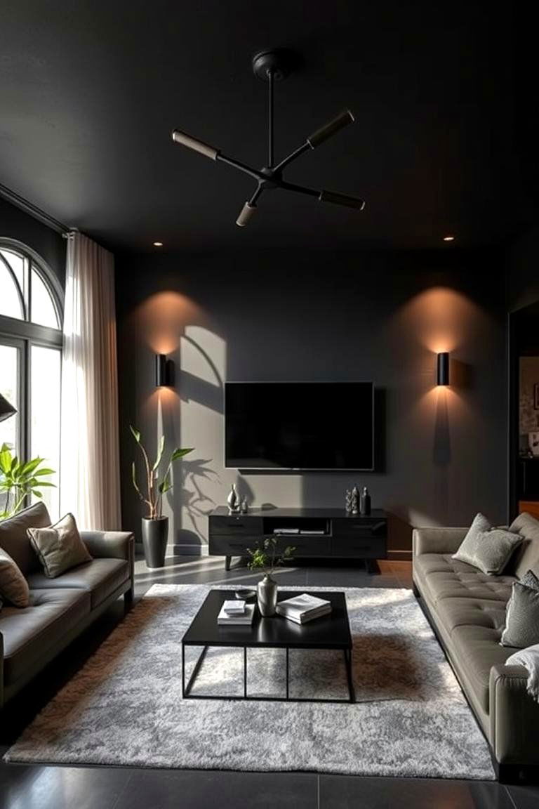 Statement Black Lighting - 24 Black Living Room Ideas