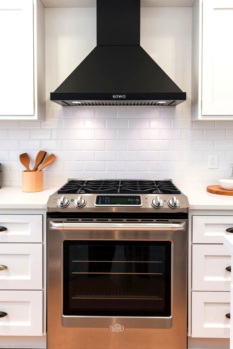 Statement Black Range Against a White Backsplash - 24 White Kitchen with Black Appliances Ideas
