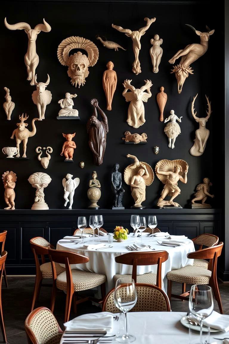 Statement Black Wall with Sculptures - 24 Black Accent Wall Dining Room Ideas