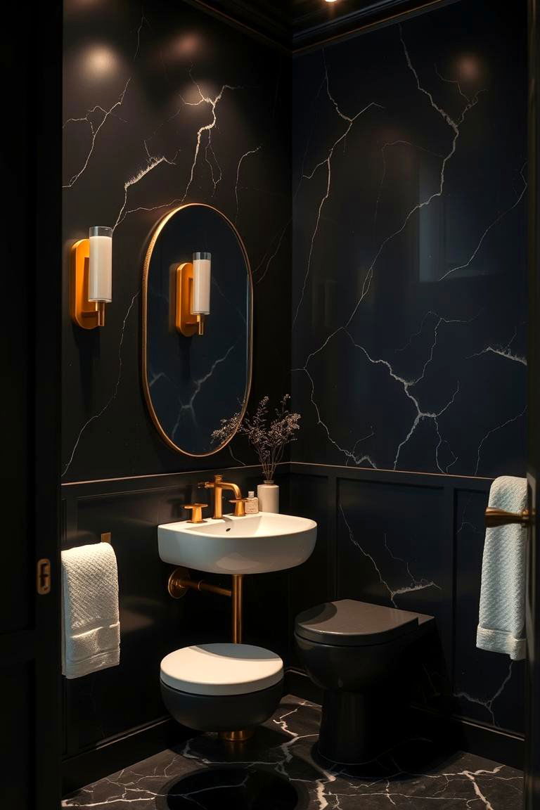 Statement Black Walls with Gold Accents - 24 Black and Gold Bathroom Ideas