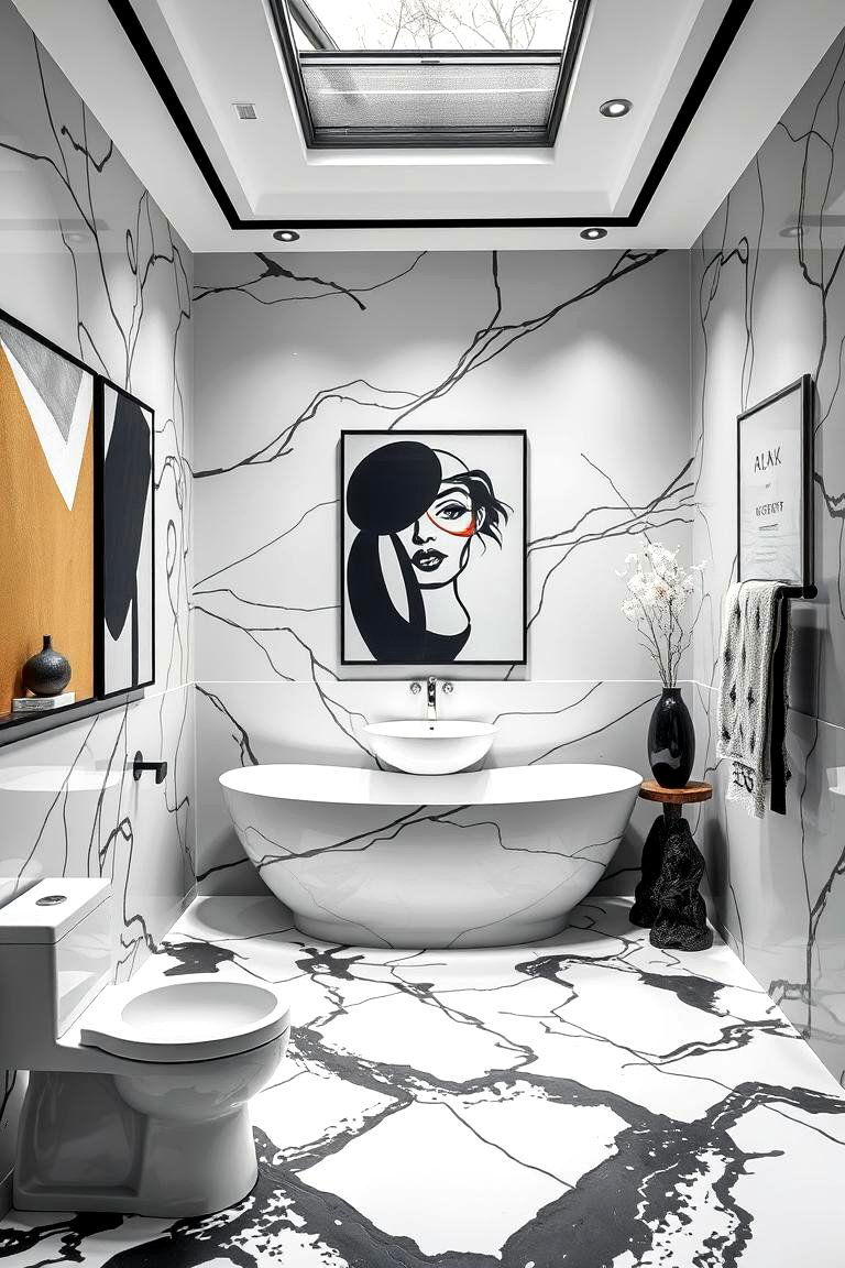 Statement Black and White with Modern Art - 24 Black and White Bathroom Ideas
