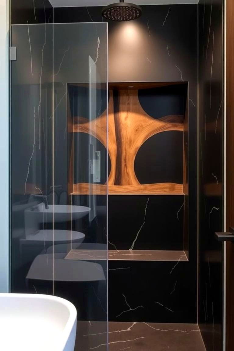 Statement Black and Wood Shower Niche - 24 Black and Wood Bathroom Ideas