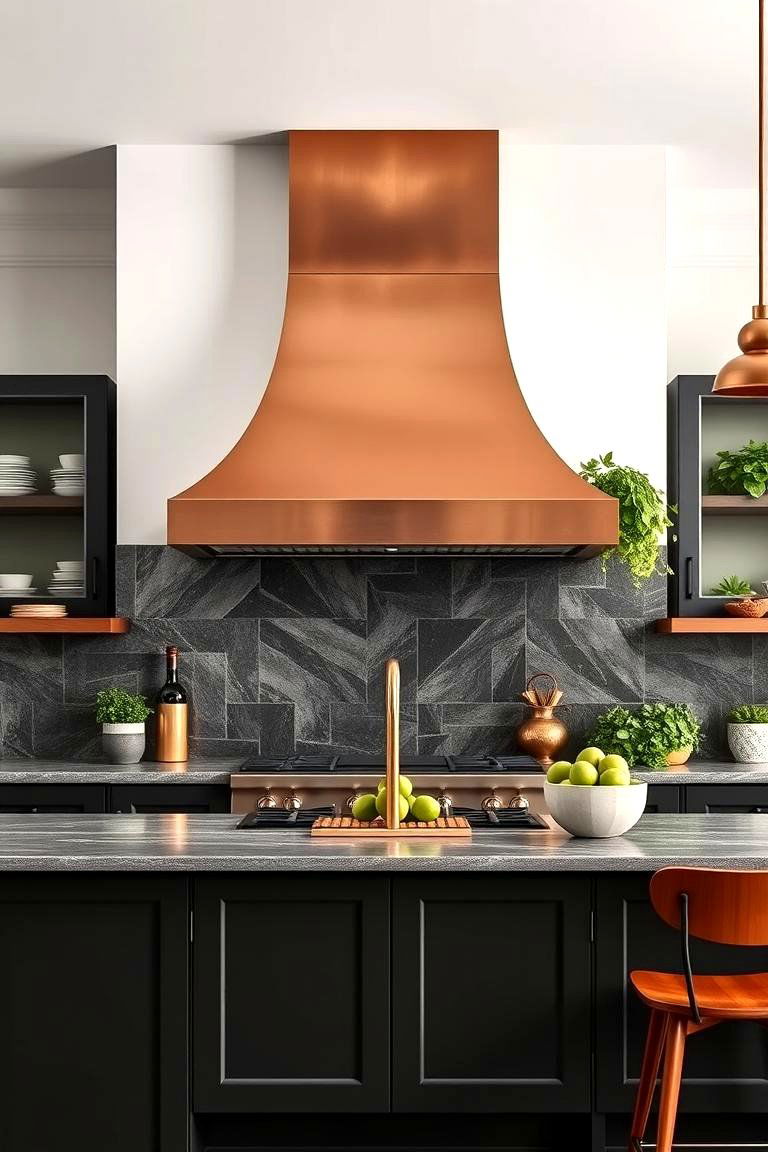 Statement Copper Range Hood with Green Accents - 24 Green and Copper Kitchen Ideas