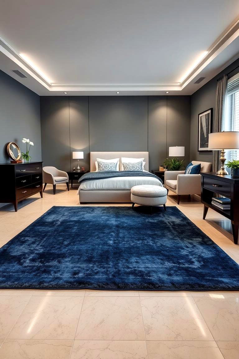 Statement Dark Blue Floor Rug - 24 Dark Blue Bedroom Ideas