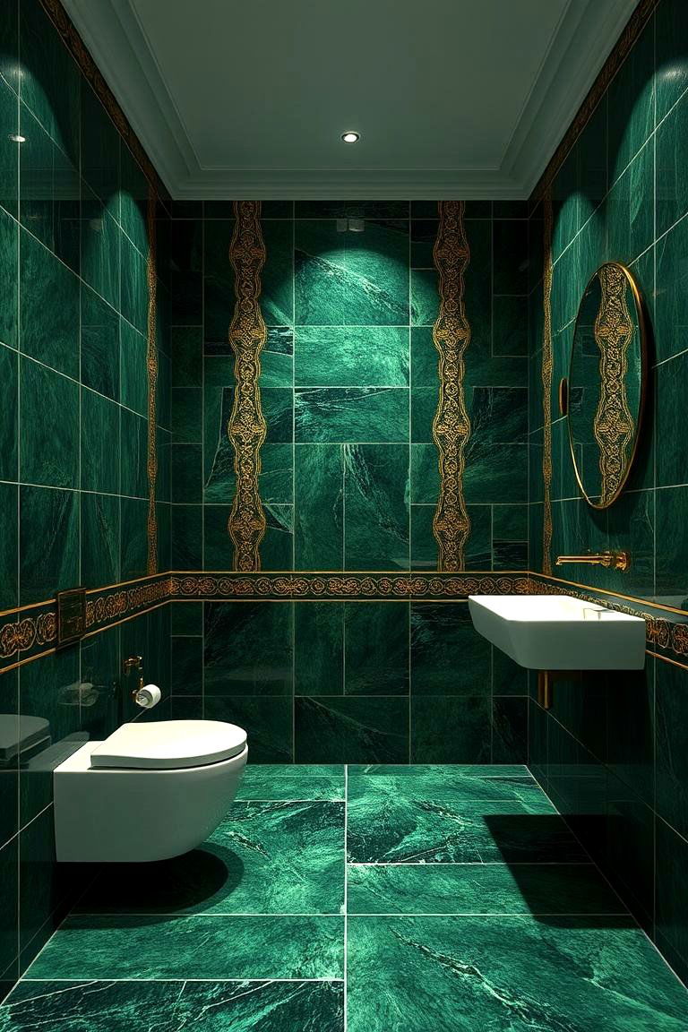 Statement Green Tiles with Gold Inlays - 24 Green and Gold Bathroom Ideas