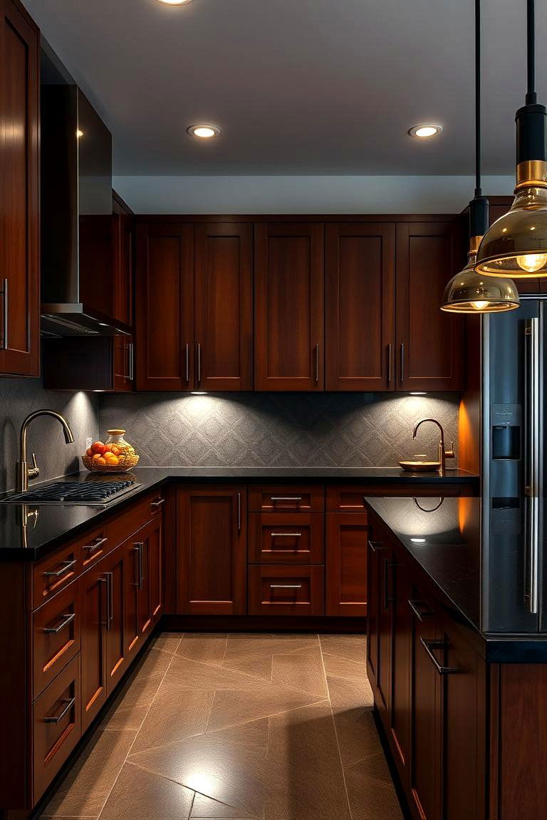 Statement Lighting - 24 kitchen with brown cabinets and black countertops ideas