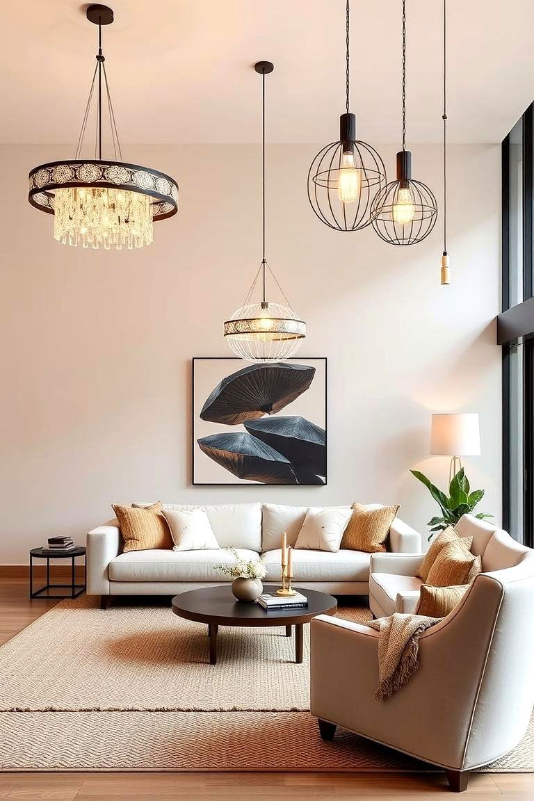 Statement Lighting Fixtures - 24 Minimalist Modern Boho Living Room Ideas