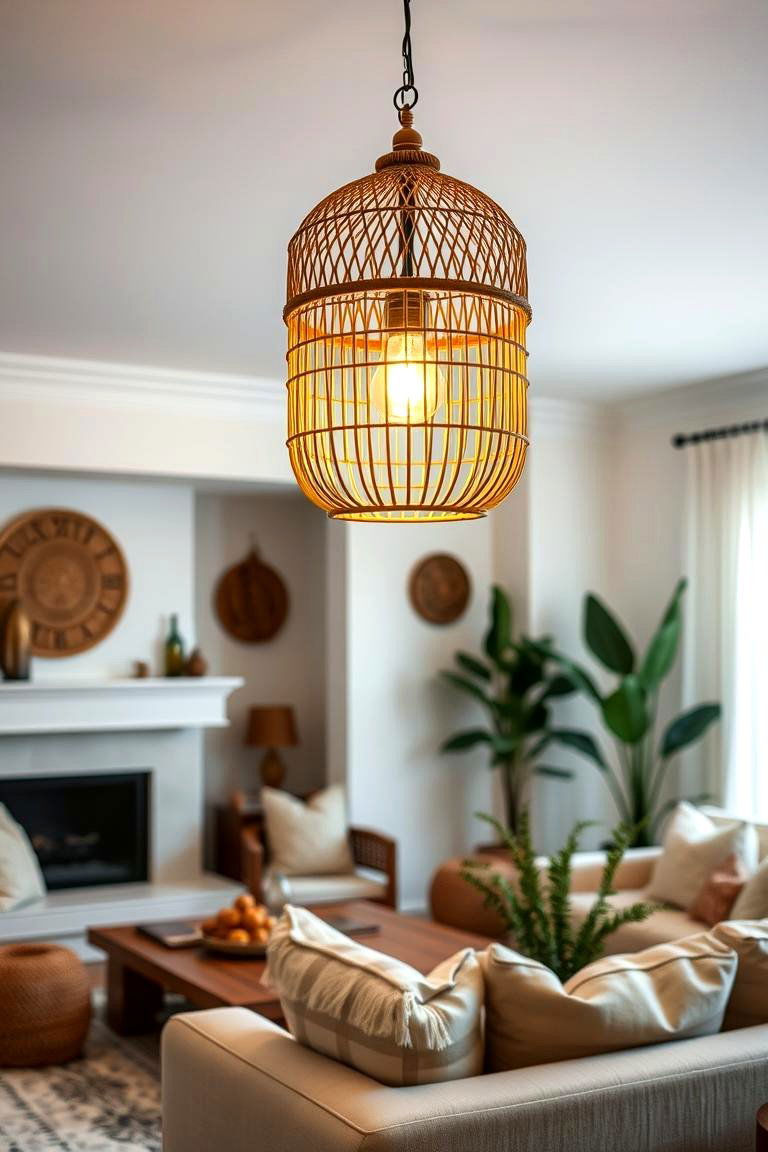 Statement Lighting Fixtures - 24 Neutral Boho Living Room Ideas