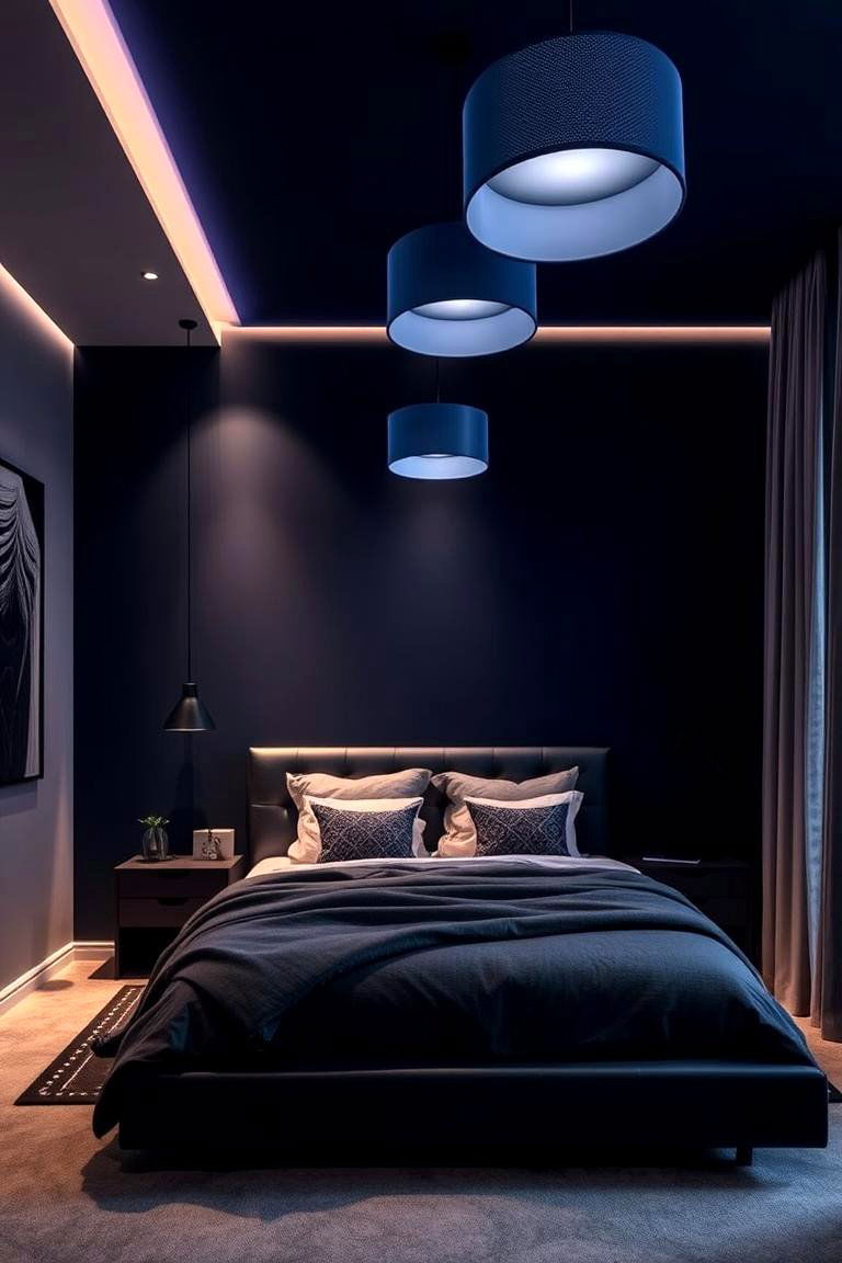 Statement Lighting in Dark Blue - 24 Dark Blue Bedroom Ideas