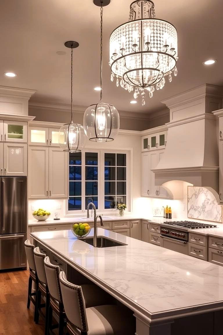 Statement Lighting to Define Zones - 24 U Shaped Kitchen Ideas