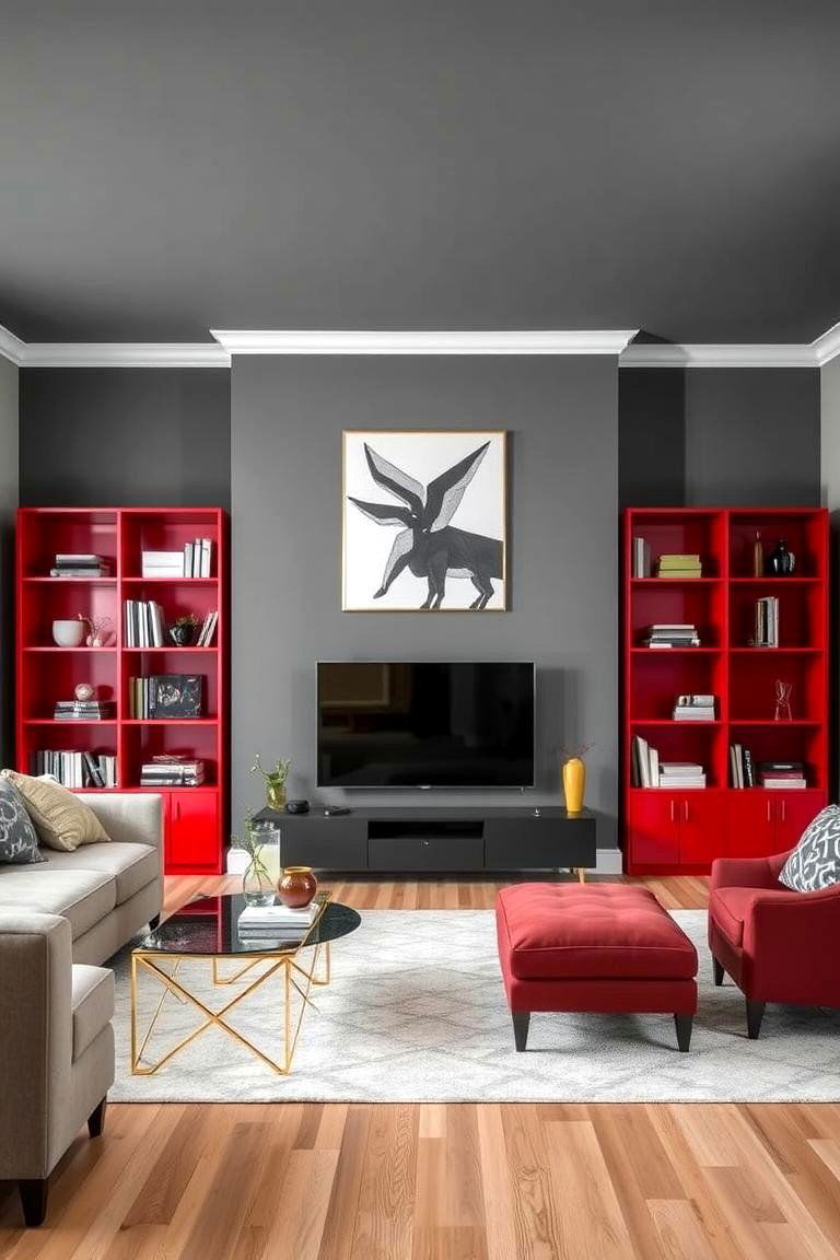 Statement Red Bookcases Against Grey Backgrounds - 24 Red and Grey Living Room Ideas
