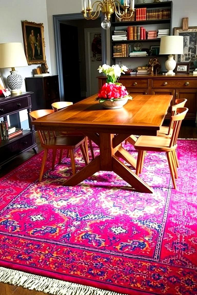 Statement Rug Under the Table - 24 Eclectic Dining Room Ideas